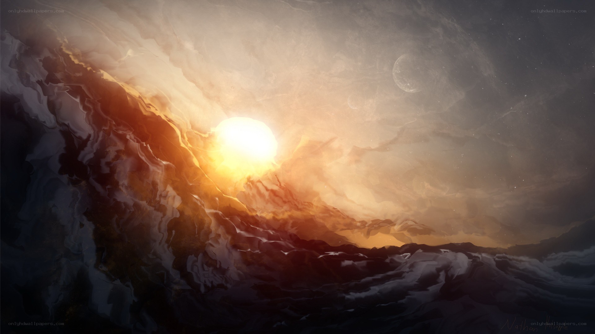 Cosmic wave with sun and moon