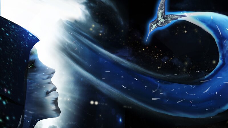 cosmic woman with hummingbird