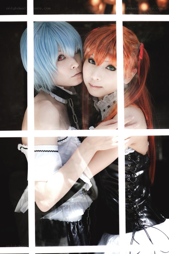 Cosplay duo through window