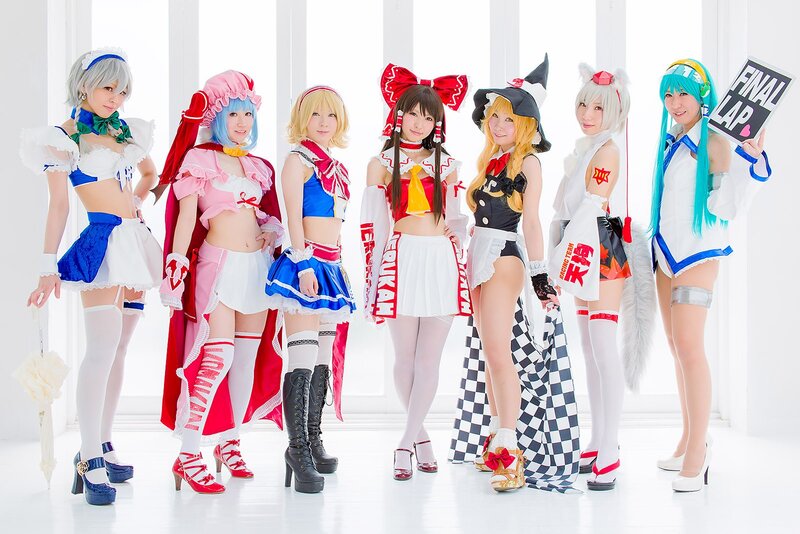 Cosplay group in racing outfits