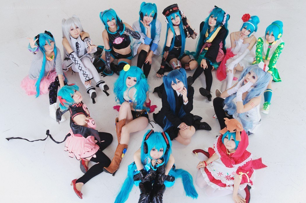 Cosplay group with blue-haired characters
