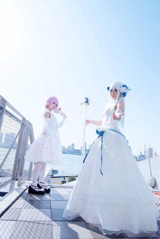 Cosplay of anime characters on a rooftop