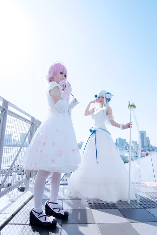 Cosplay of anime characters on a rooftop