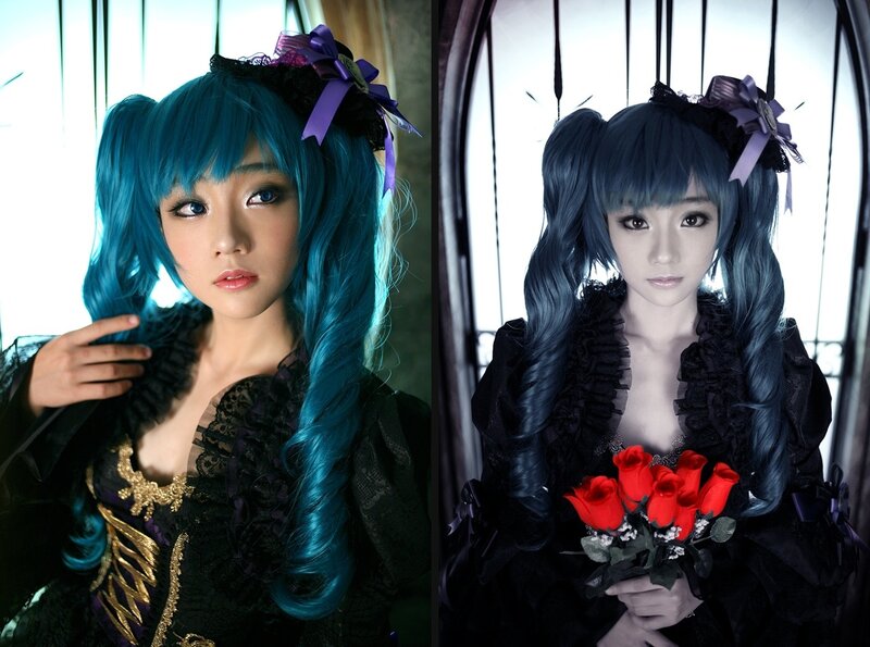 cosplay of blue-haired character