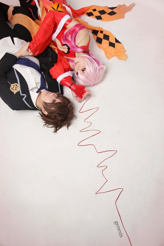 Cosplay of two characters lying down