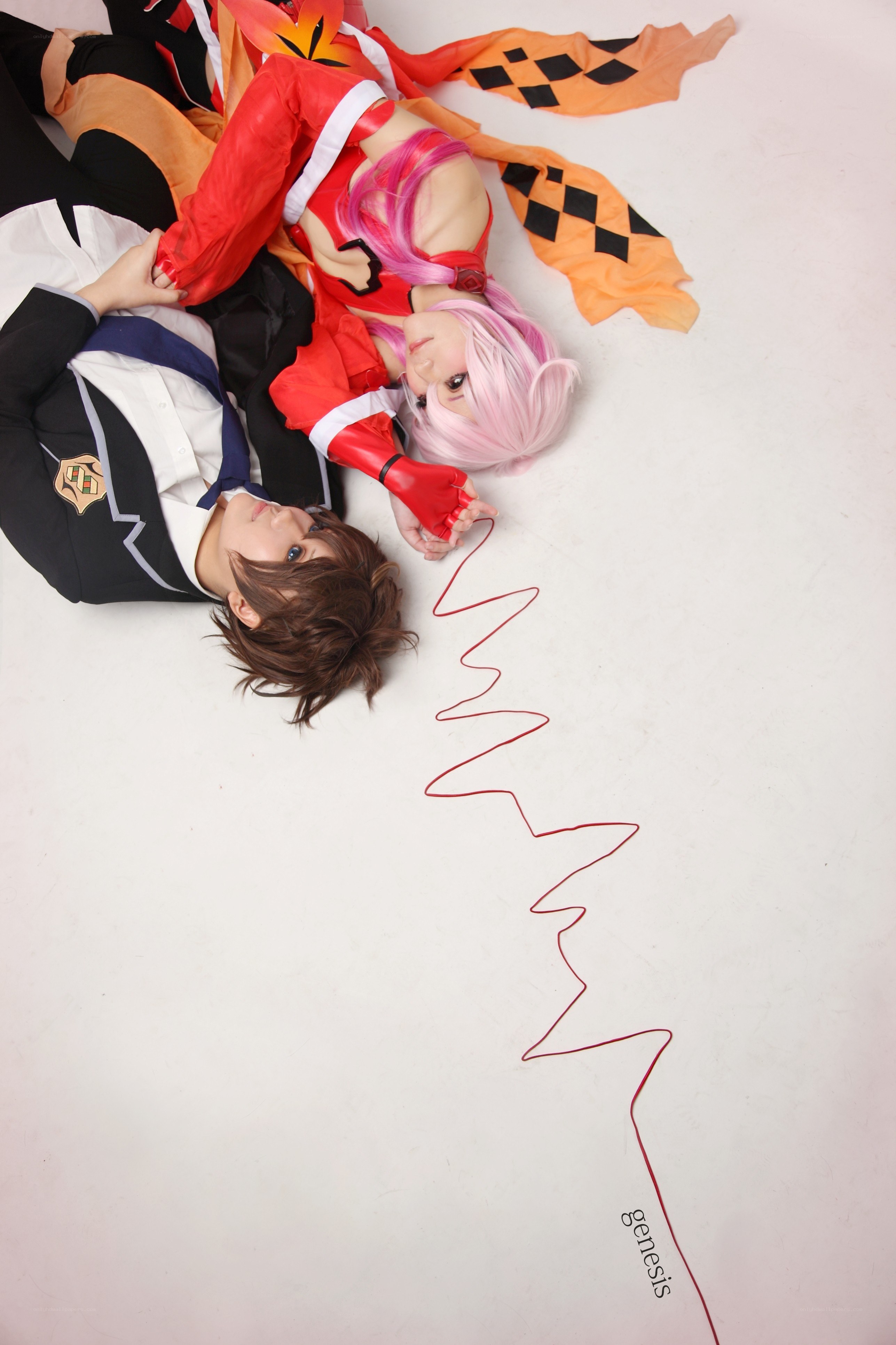 Cosplay of two characters lying down