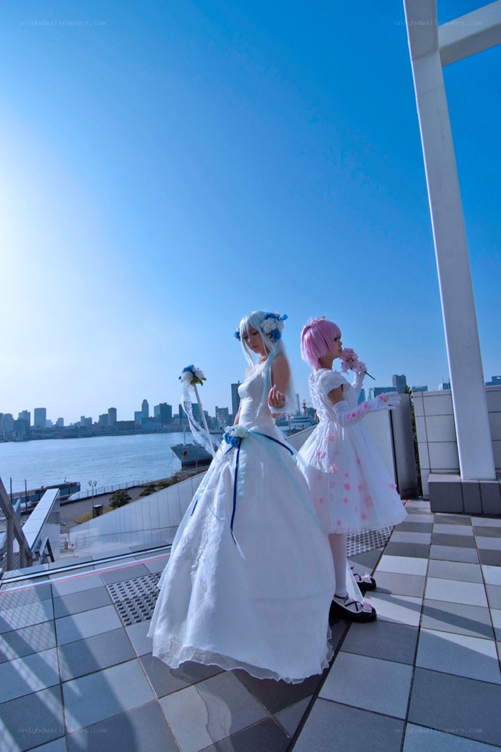 Cosplay on a rooftop with city view