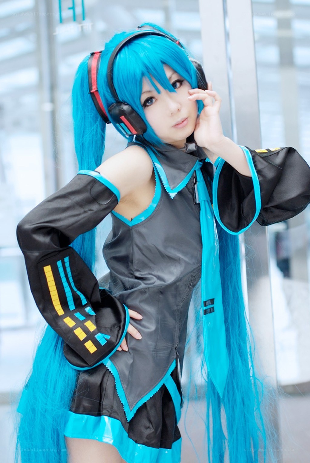 cosplayer as blue-haired anime character