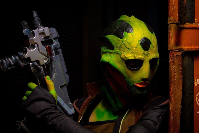 cosplayer as green alien character