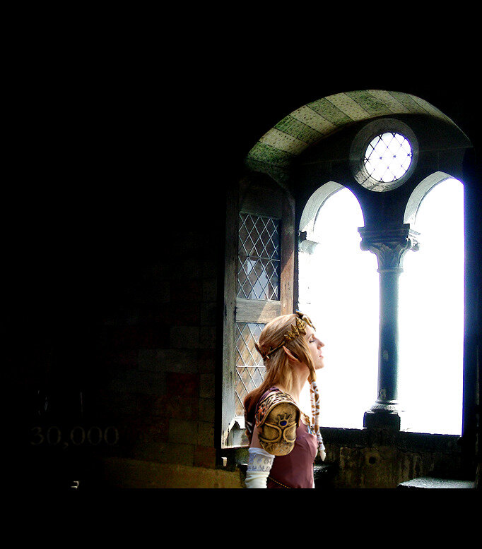 cosplayer at a castle window