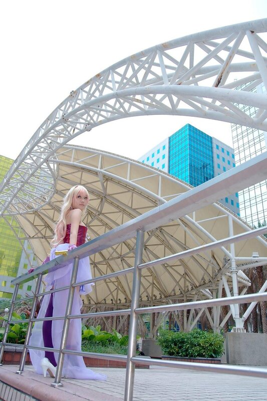 cosplayer at modern structure