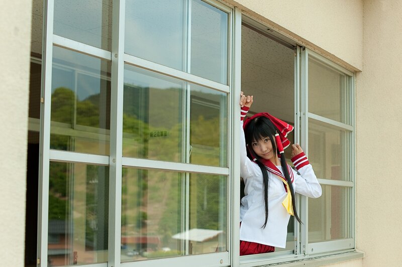 cosplayer at school window