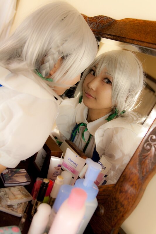 cosplayer at vanity mirror