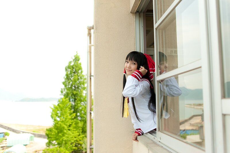 cosplayer at window