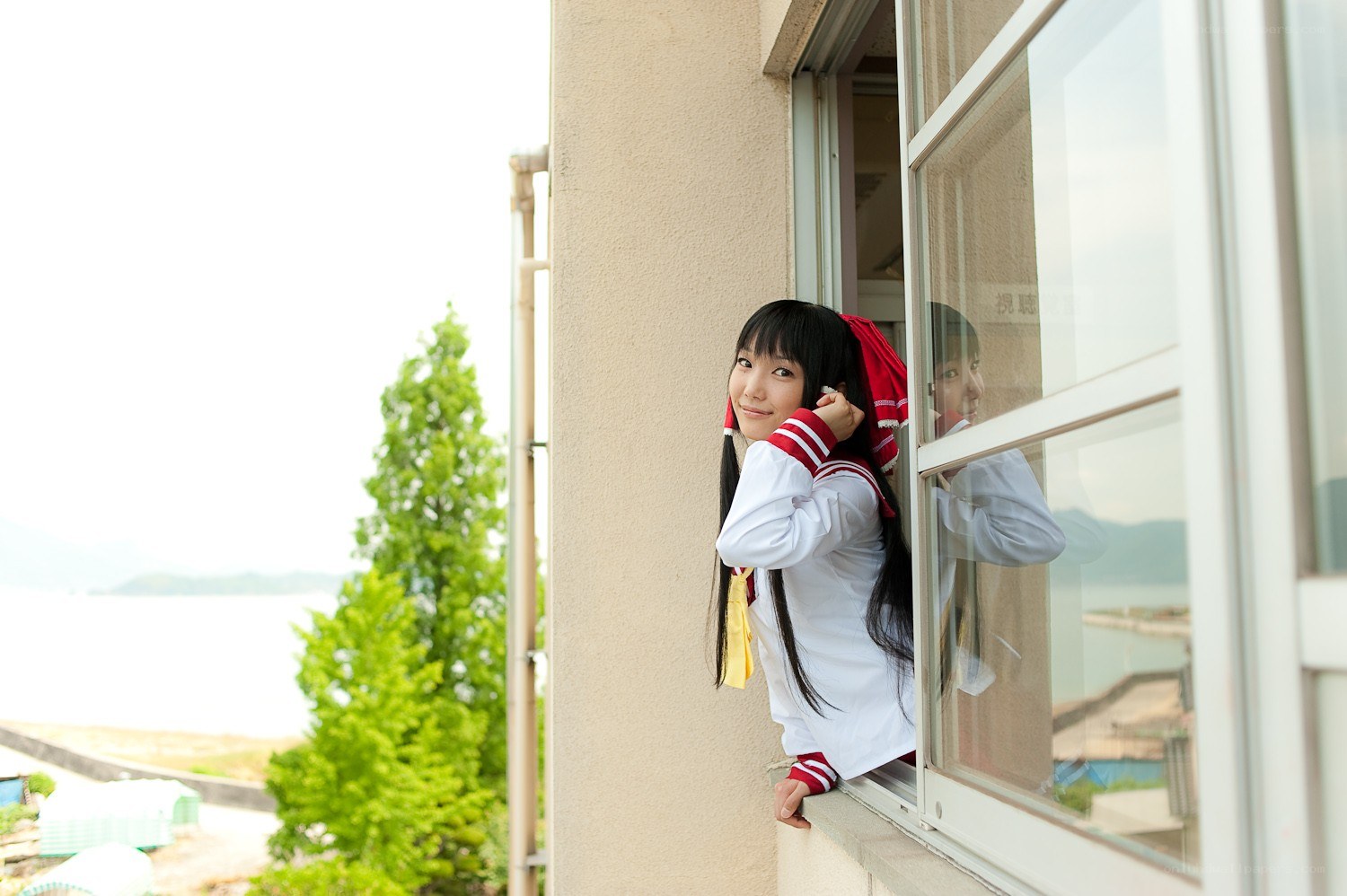 cosplayer at window