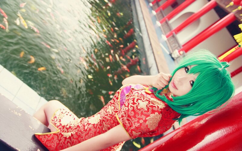 cosplayer by koi pond