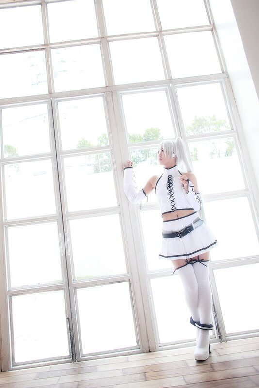 cosplayer by window