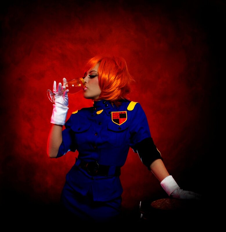 cosplayer drinking wine