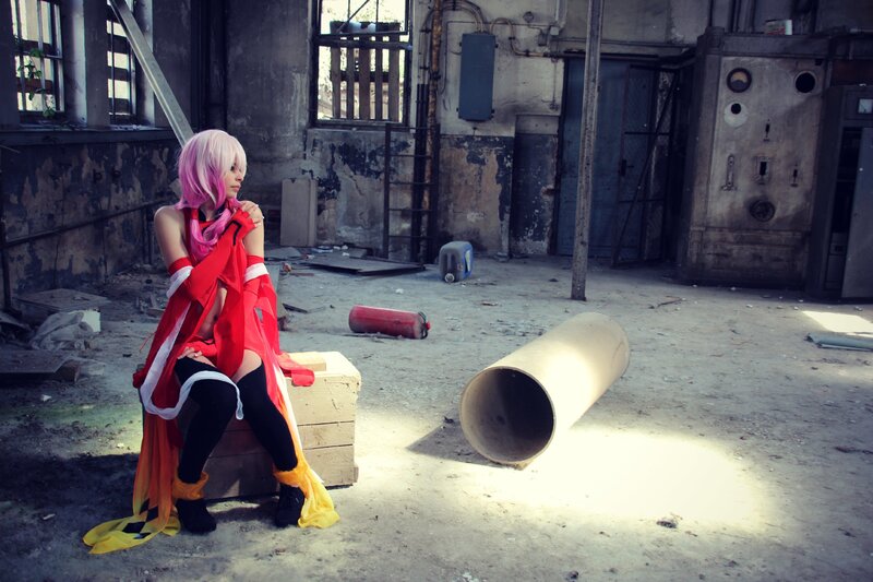 cosplayer in abandoned building