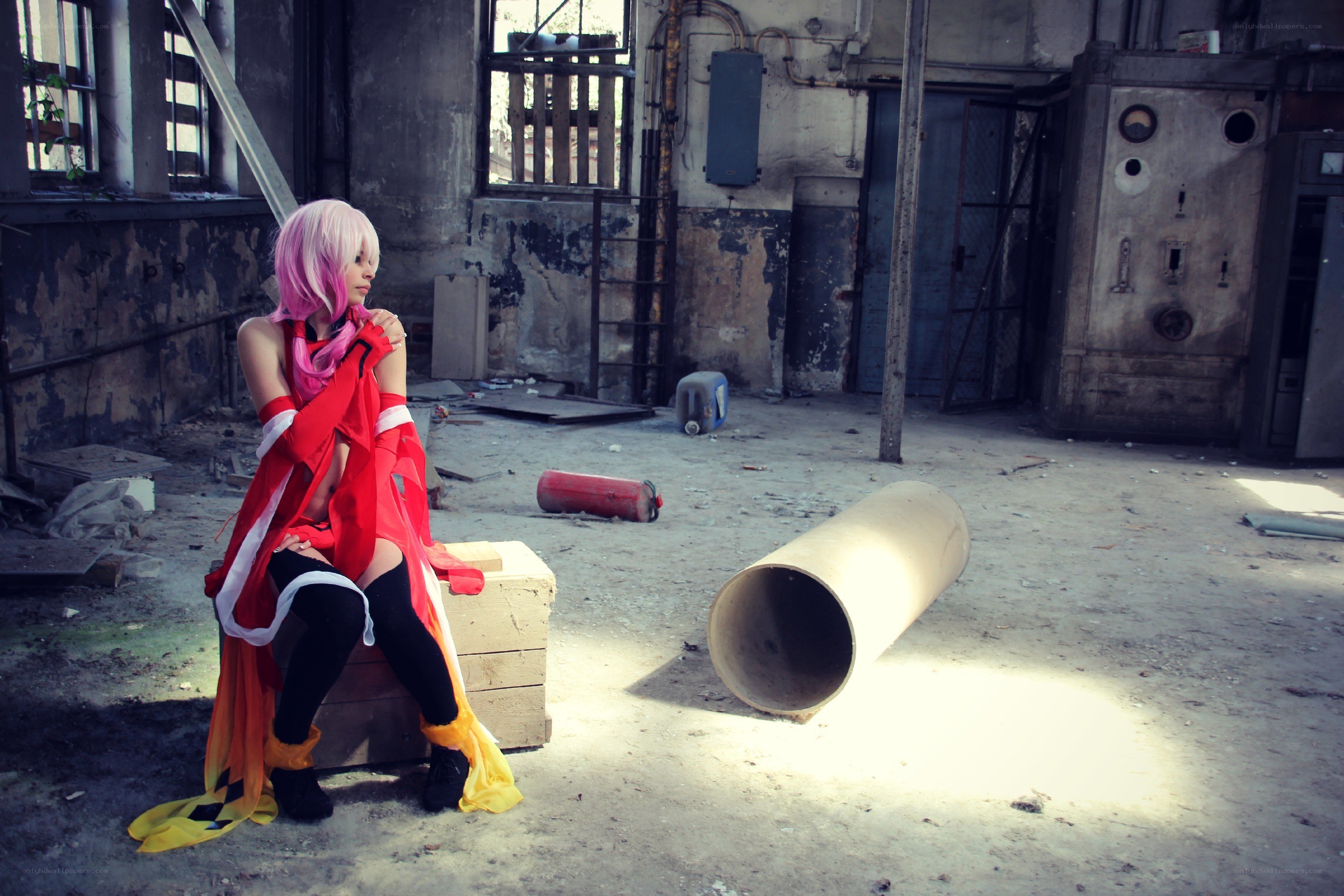 cosplayer in abandoned building