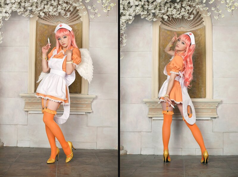cosplayer in angelic nurse outfit