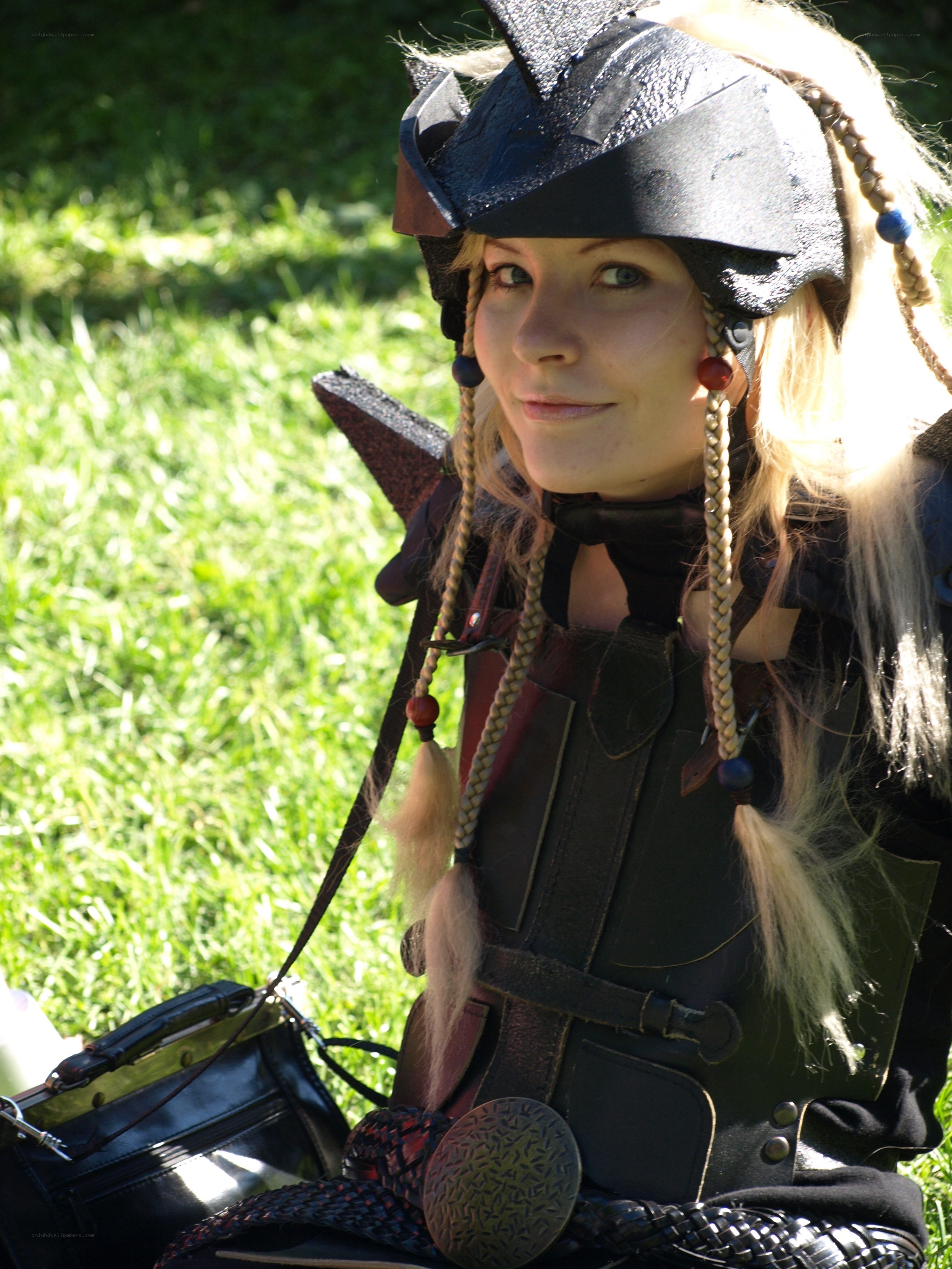 cosplayer in armor outdoors