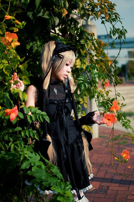 cosplayer in black dress among flowers
