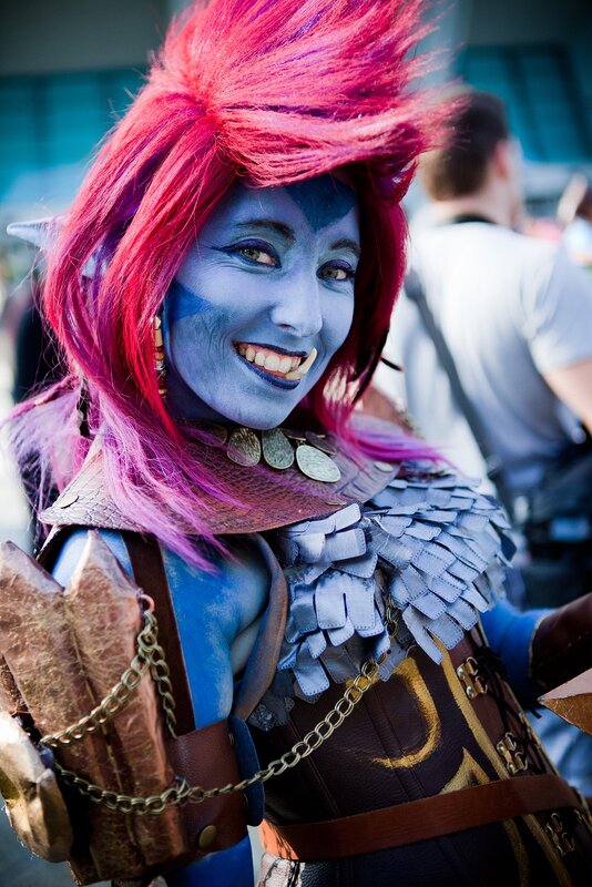 cosplayer in blue and red costume
