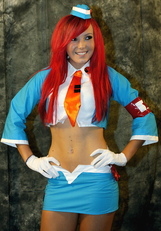 cosplayer in blue and red costume