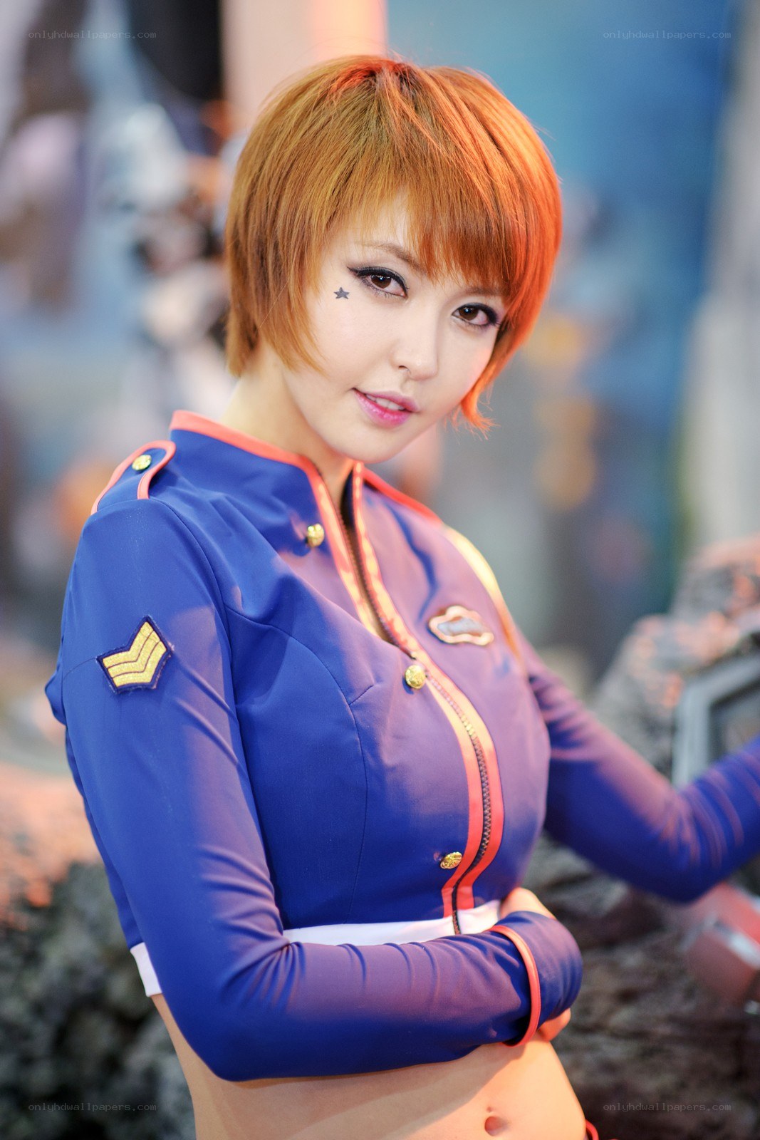cosplayer in blue uniform