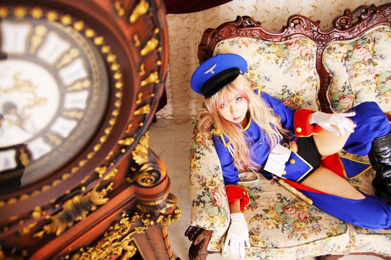cosplayer in blue uniform
