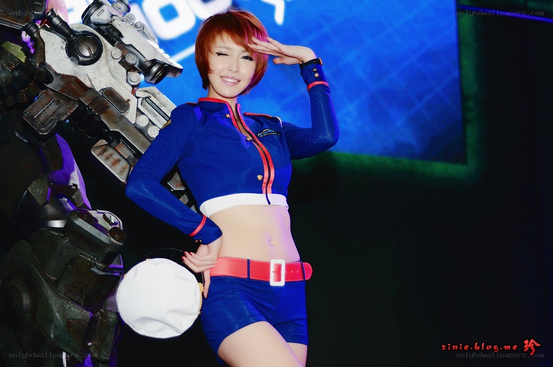 cosplayer in blue uniform saluting