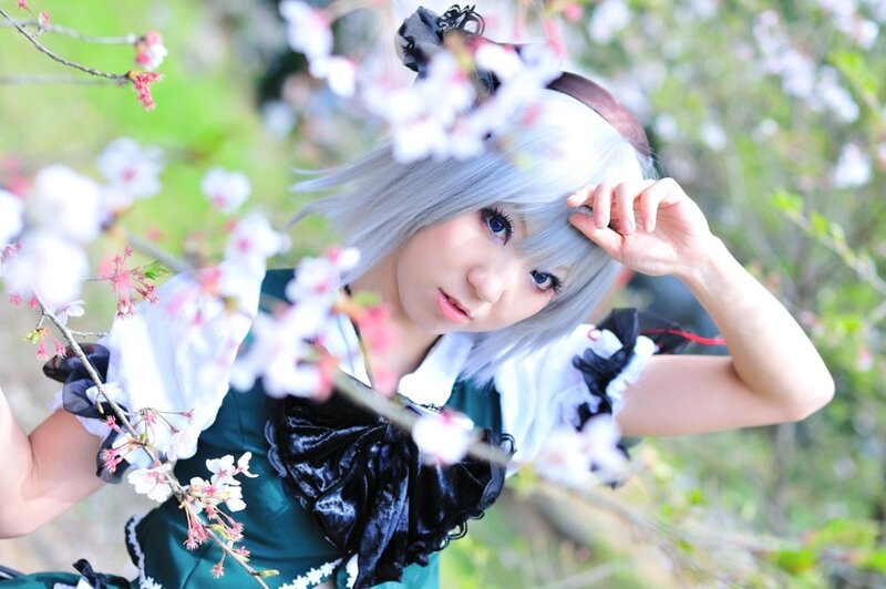 Cosplayer in Cherry Blossoms — White
