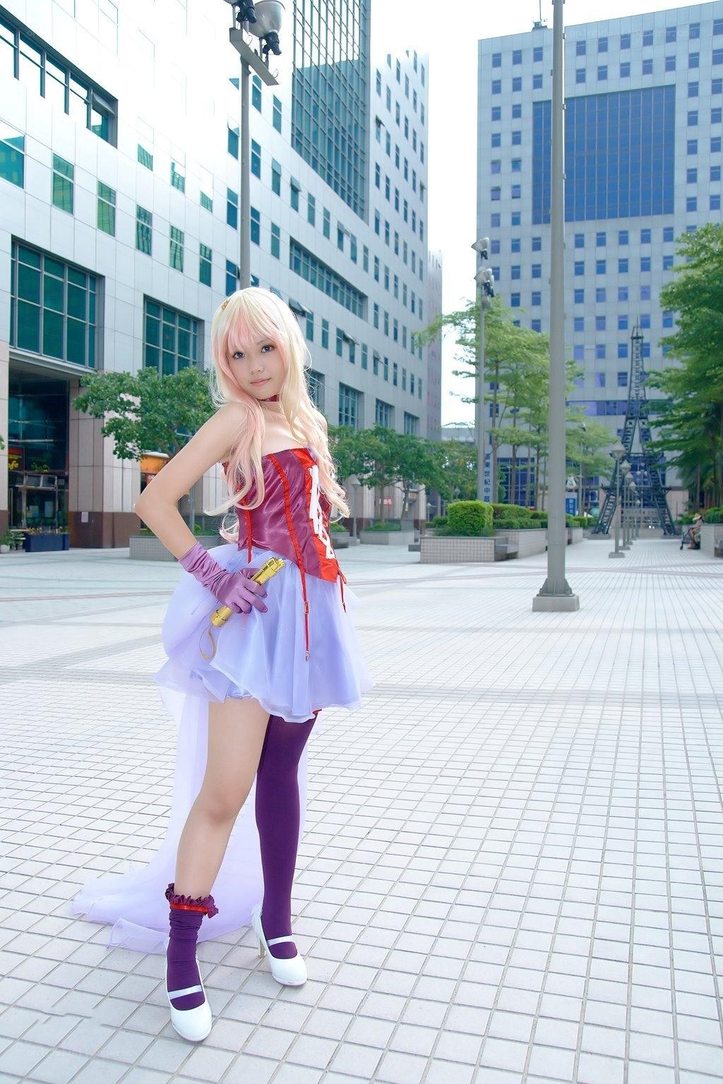 cosplayer in city plaza