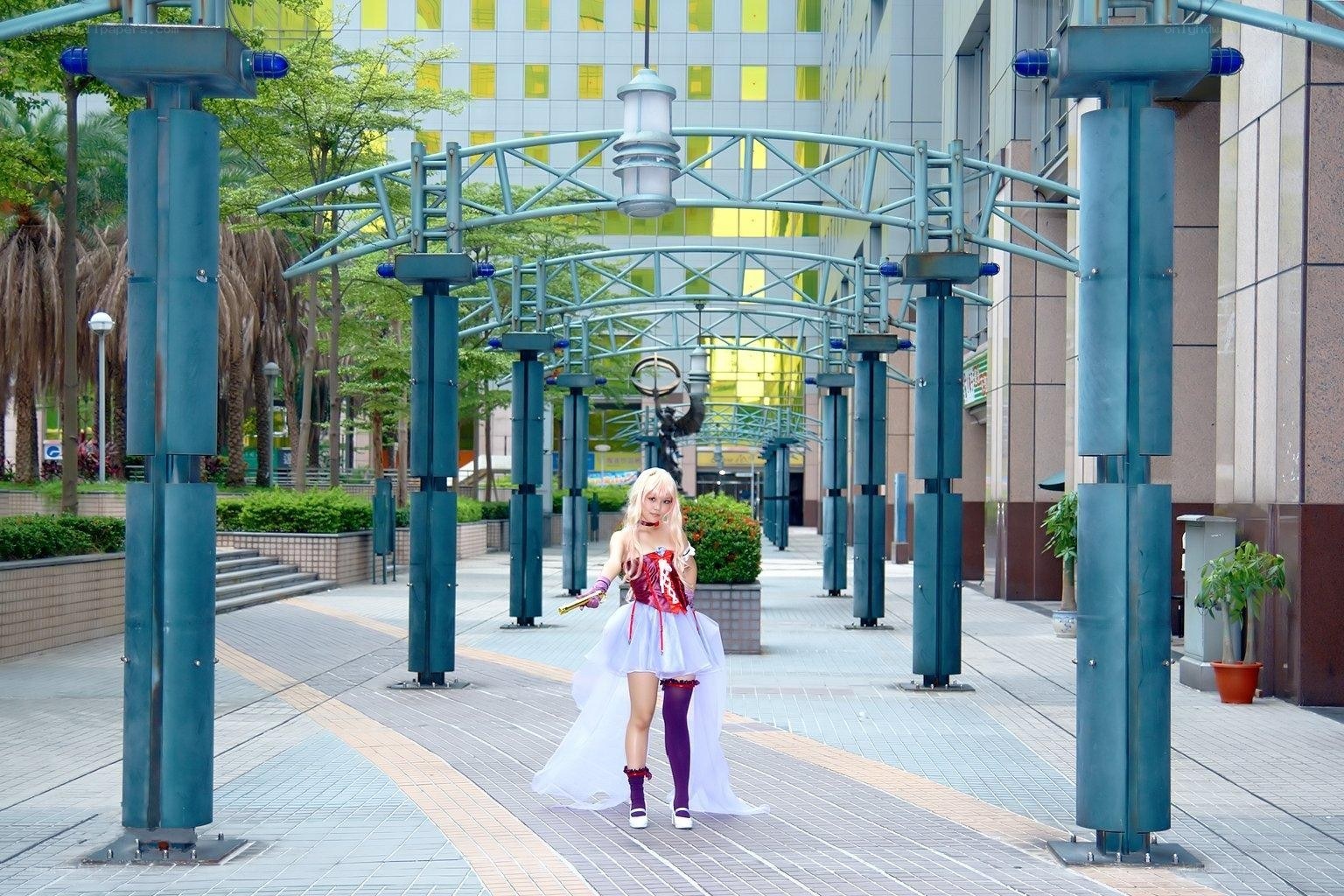 cosplayer in city walkway
