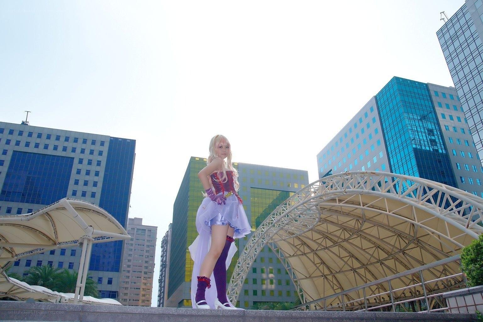cosplayer in cityscape