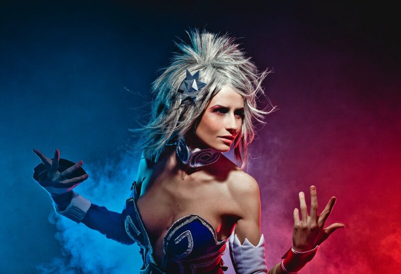 Cosplayer in Costume — Blue, Dramatic, Photograph