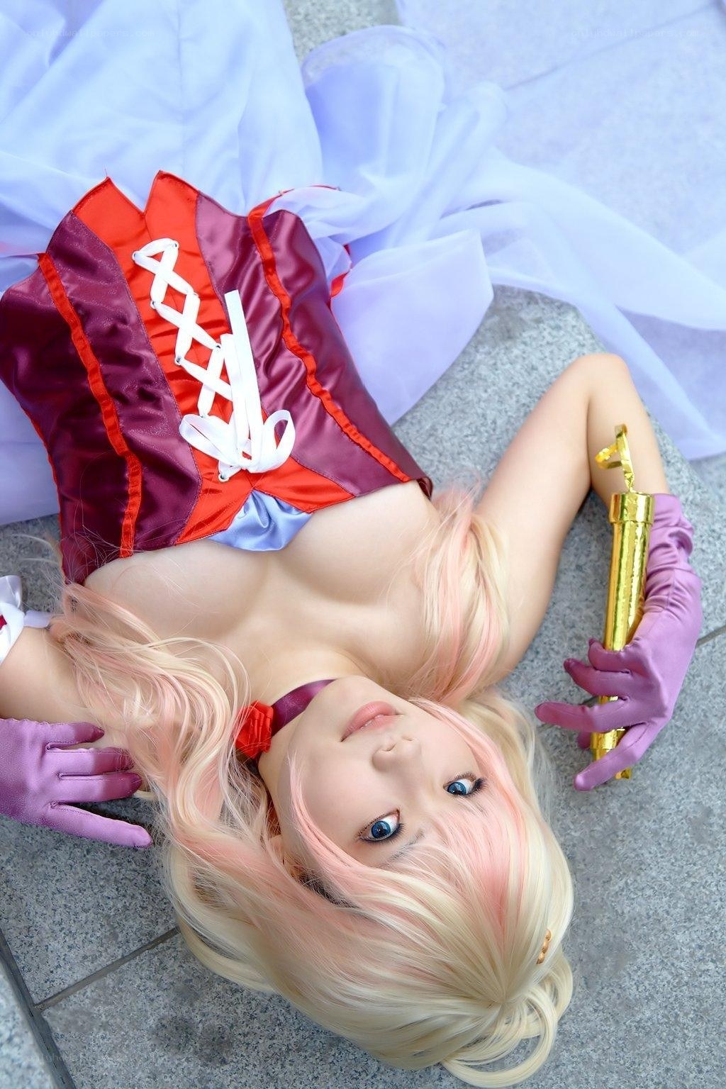 cosplayer in costume lying down