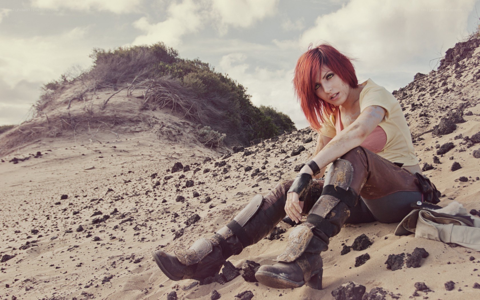 cosplayer in desert landscape
