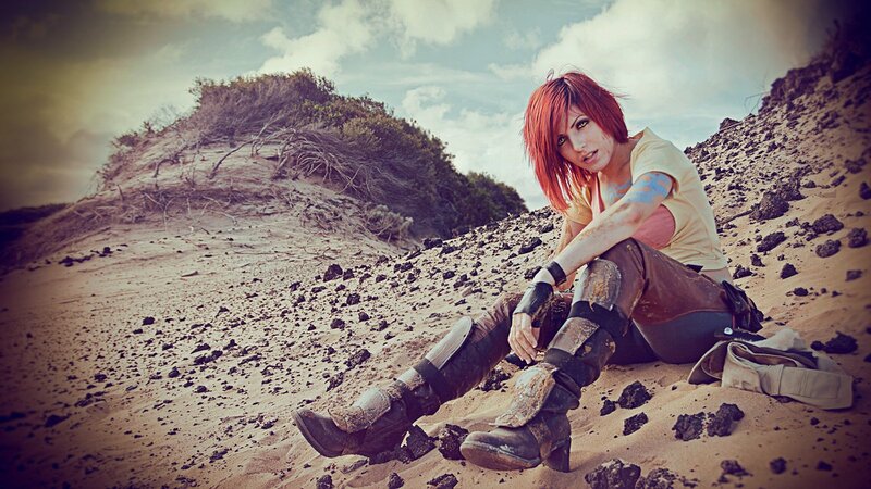 cosplayer in desert landscape
