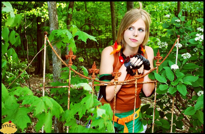 cosplayer in forest setting