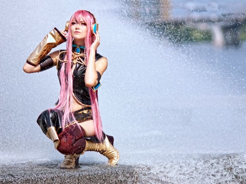 Cosplayer in Fountain — Pink