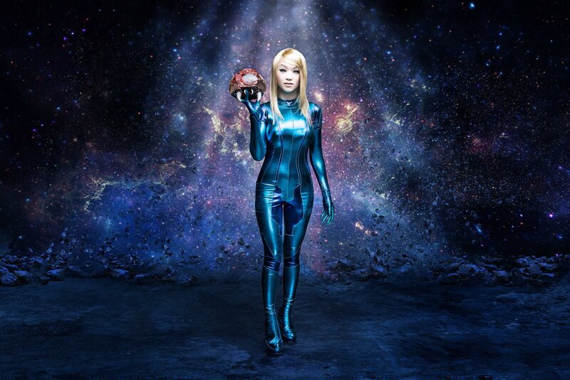 cosplayer in futuristic suit