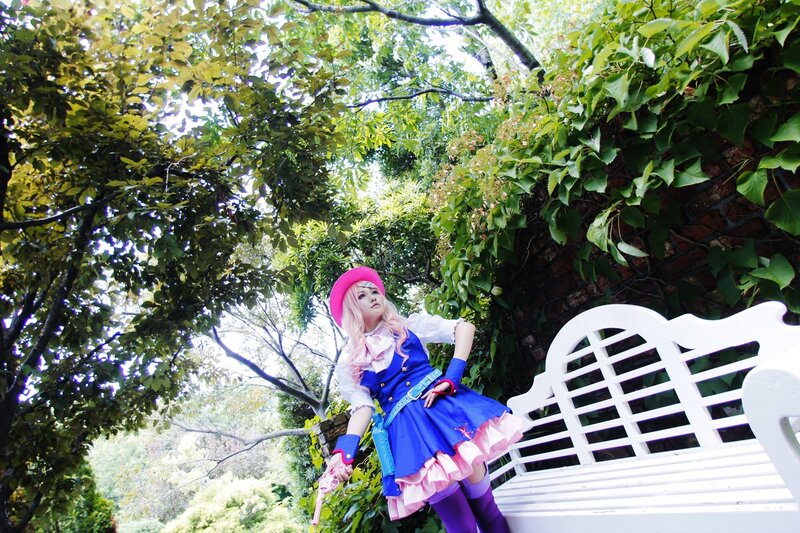 cosplayer in garden setting