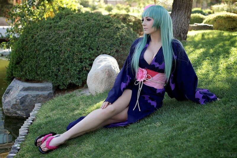 cosplayer in garden setting