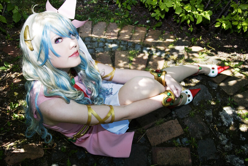 cosplayer in garden setting