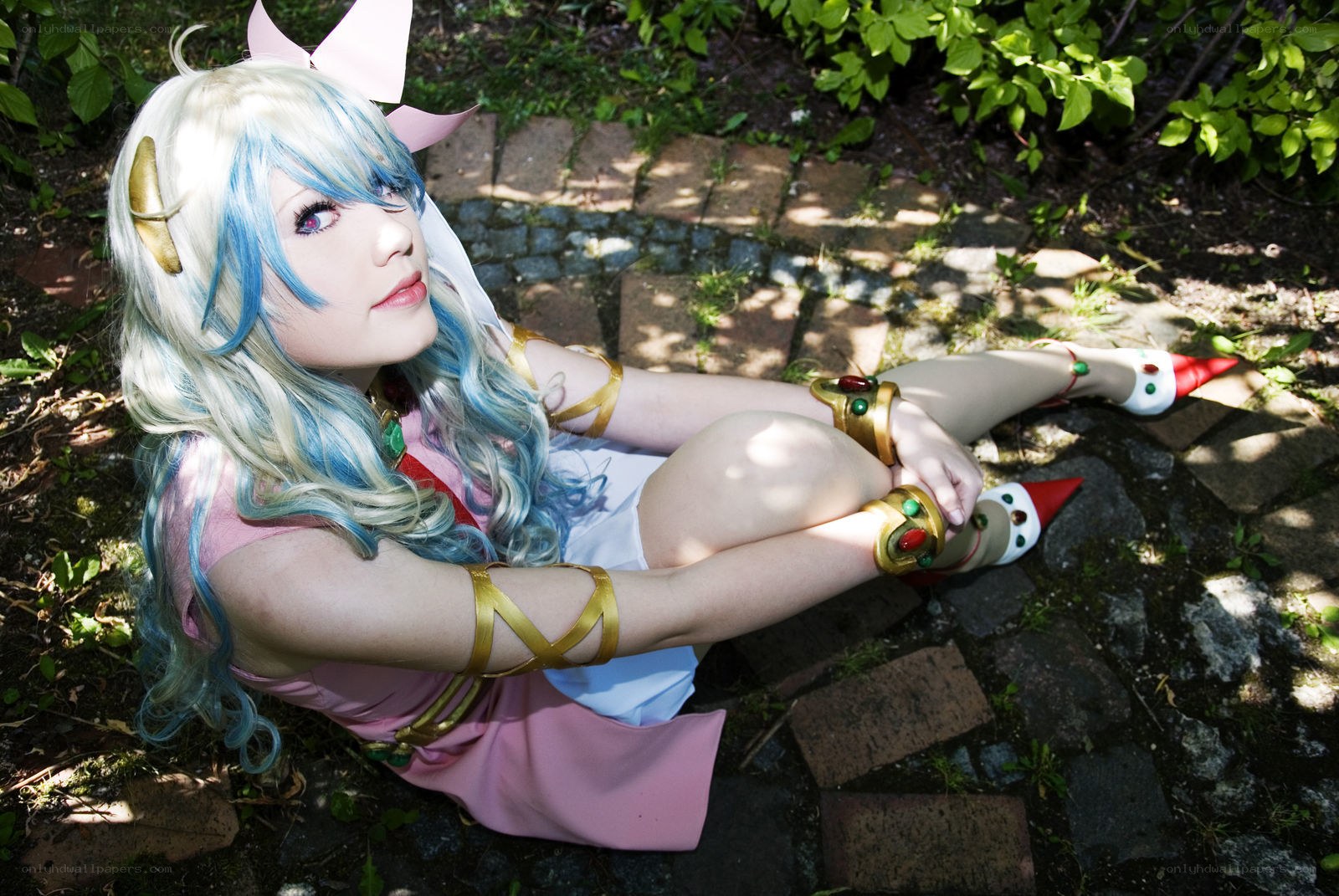 cosplayer in garden setting