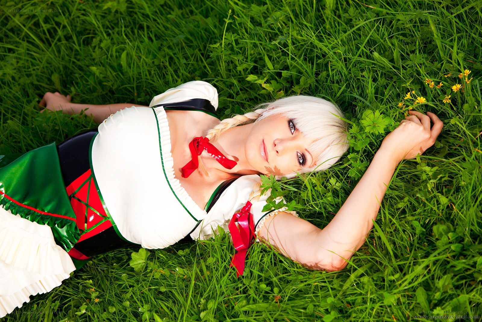 cosplayer in green field