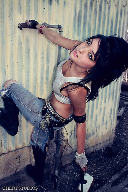 cosplayer in gritty urban setting