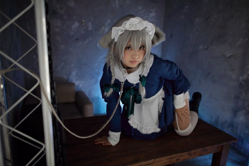 Cosplayer in Maid Outfit — Blue, Dramatic, Night, Photograph, Table